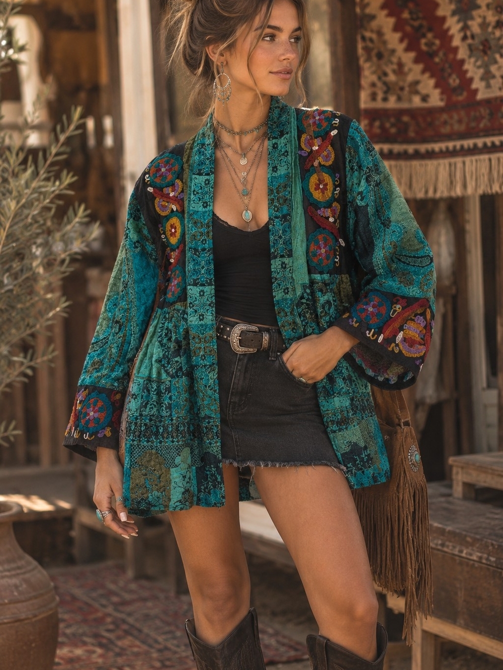 Vintage Teal Patchwork Embroidered Kimono Boho Jacket